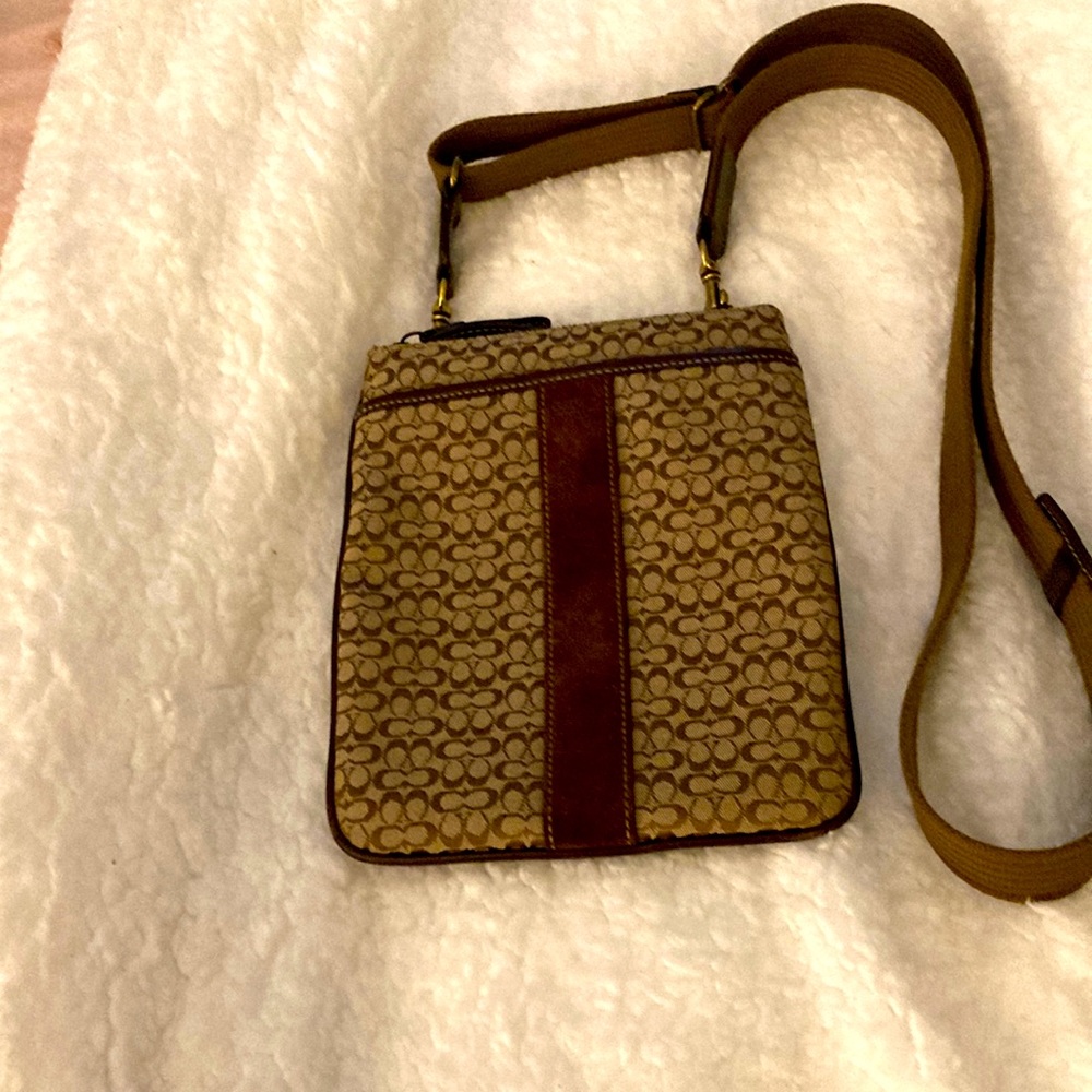 Coach canvas and suede crossbody. Brown signature. 7x8 1/3
